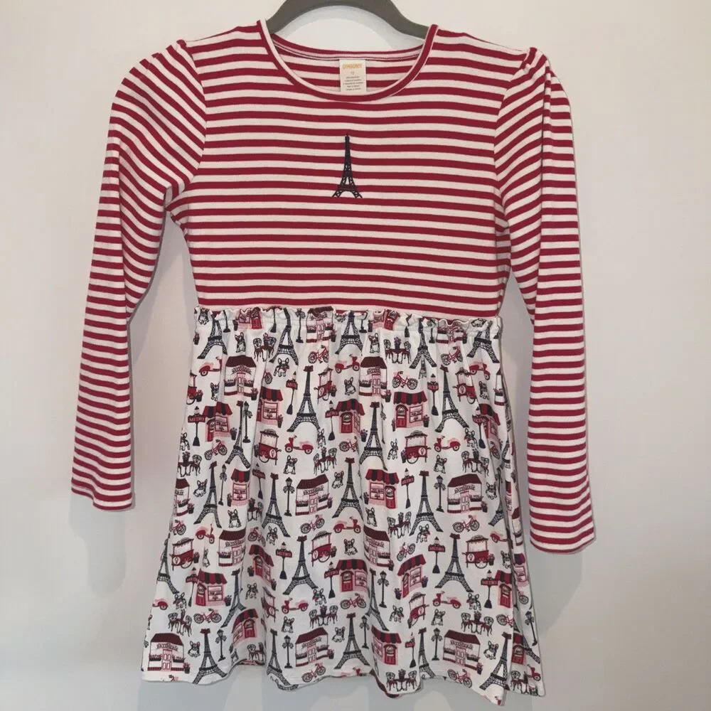 Gymboree Dress Girls Sz 12 Red Blue Fit & Flare Eiffel Tower Paris Frenchie